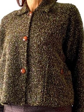 Vintage Retro Olive Bouclé Cropped Cardigan Size L made in France 🇫🇷